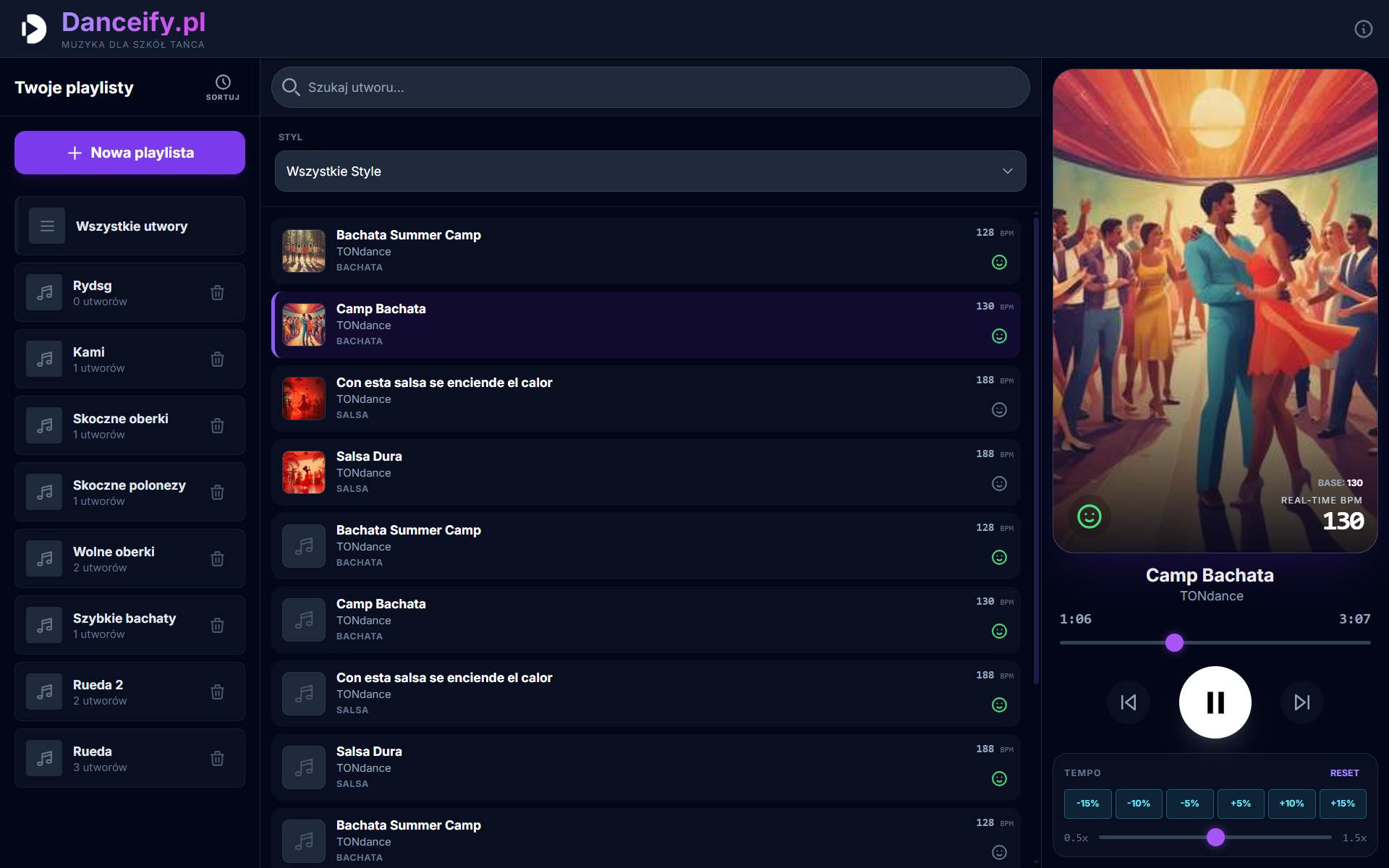 Widok desktopowy aplikacji Danceify