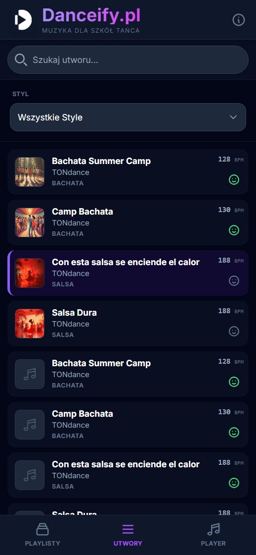 Widok mobilny aplikacji Danceify - odtwarzacz